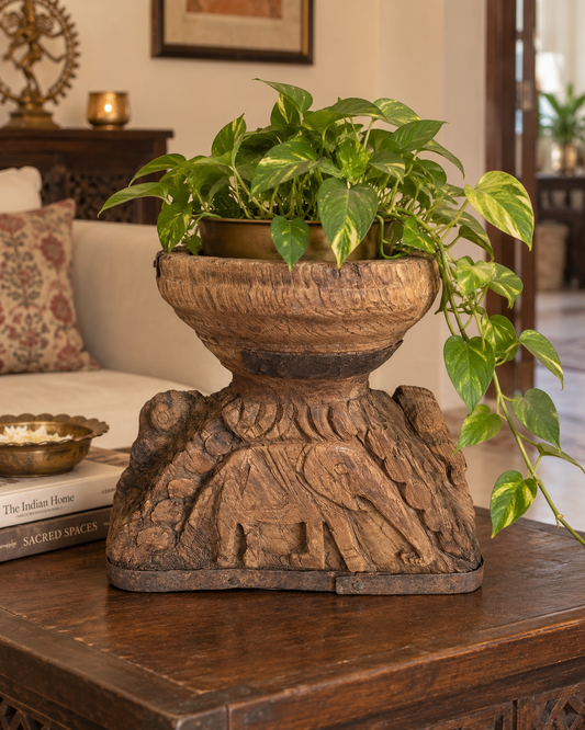 Vintage Elephant & Bird Carved Candle Holder & Planter with Aged Iron Bands