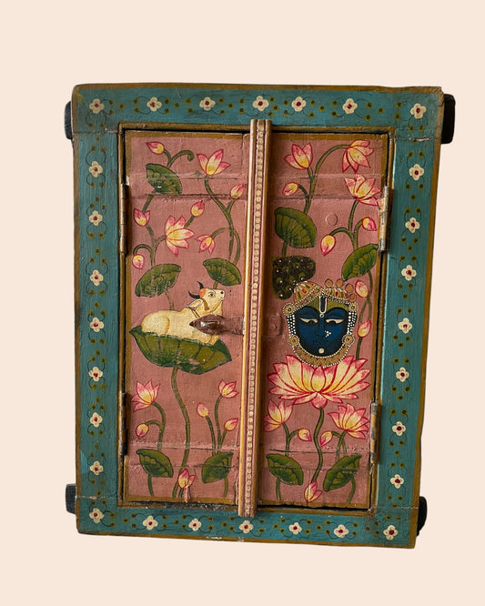 Vintage Spiritual Painting Hand-Painted Wooden Window Jharokha