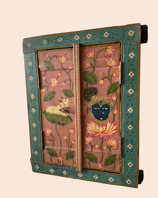 Vintage Spiritual Painting Hand-Painted Wooden Window Jharokha