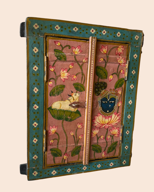 Vintage Spiritual Painting Hand-Painted Wooden Window Jharokha