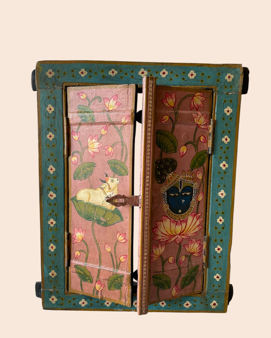 Vintage Spiritual Painting Hand-Painted Wooden Window Jharokha