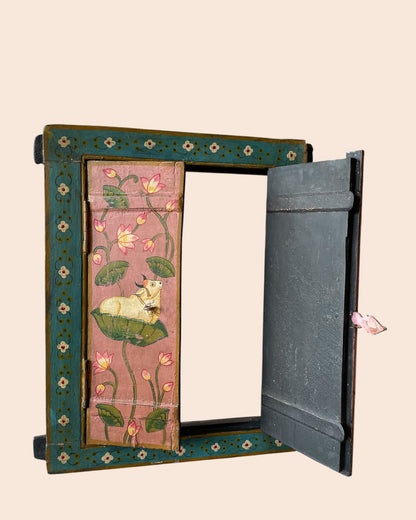 Vintage Spiritual Painting Hand-Painted Wooden Window Jharokha