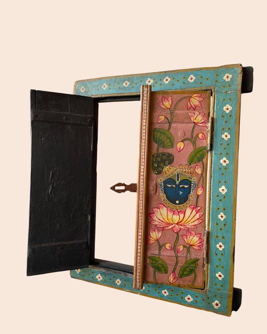 Vintage Spiritual Painting Hand-Painted Wooden Window Jharokha