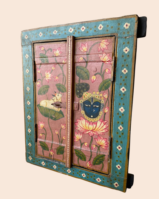 Vintage Spiritual Painting Hand-Painted Wooden Window Jharokha