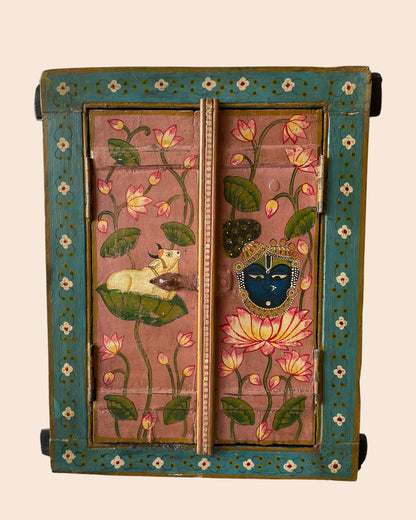 Vintage Spiritual Painting Hand-Painted Wooden Window Jharokha