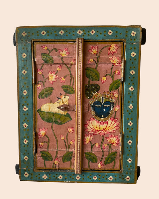 Vintage Spiritual Painting Hand-Painted Wooden Window Jharokha