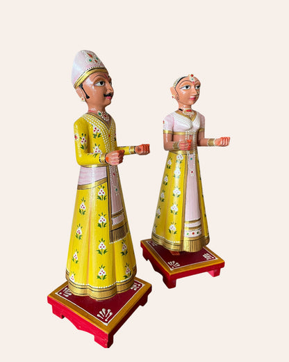 Rajasthani Heritage Yellow Hand-Painted Teak Wood Isar & Gangaur Figurines – Set of 2