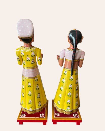 Rajasthani Heritage Yellow Hand-Painted Teak Wood Isar & Gangaur Figurines – Set of 2