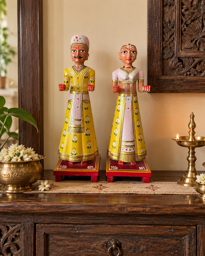 Rajasthani Heritage Yellow Hand-Painted Teak Wood Isar & Gangaur Figurines – Set of 2