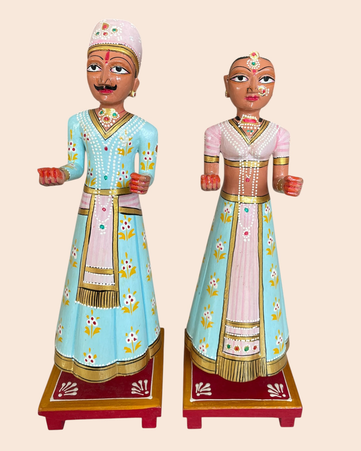 royal pastel isar & gangaur hand-painted wooden figurines – set of 2