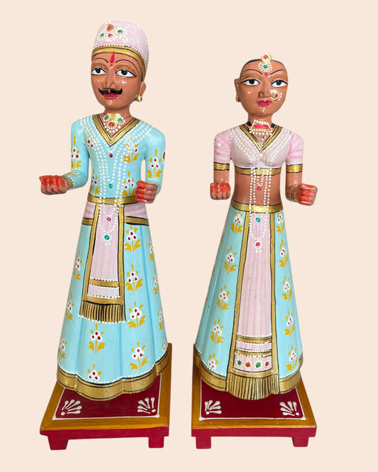 Royal Pastel Isar & Gangaur Hand-Painted Wooden Figurines – Set of 2