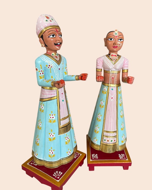 Royal Pastel Isar & Gangaur Hand-Painted Wooden Figurines – Set of 2