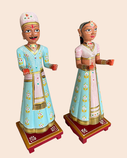 Royal Pastel Isar & Gangaur Hand-Painted Wooden Figurines – Set of 2