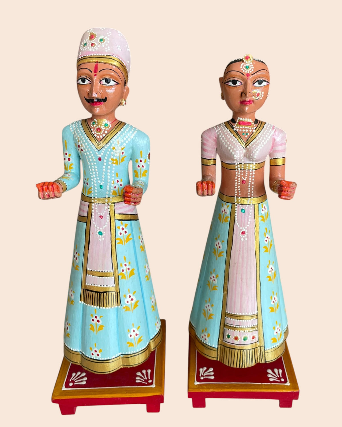 royal pastel isar & gangaur hand-painted wooden figurines – set of 2