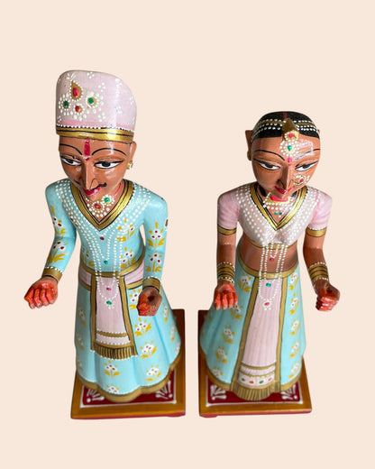 Royal Pastel Isar & Gangaur Hand-Painted Wooden Figurines – Set of 2