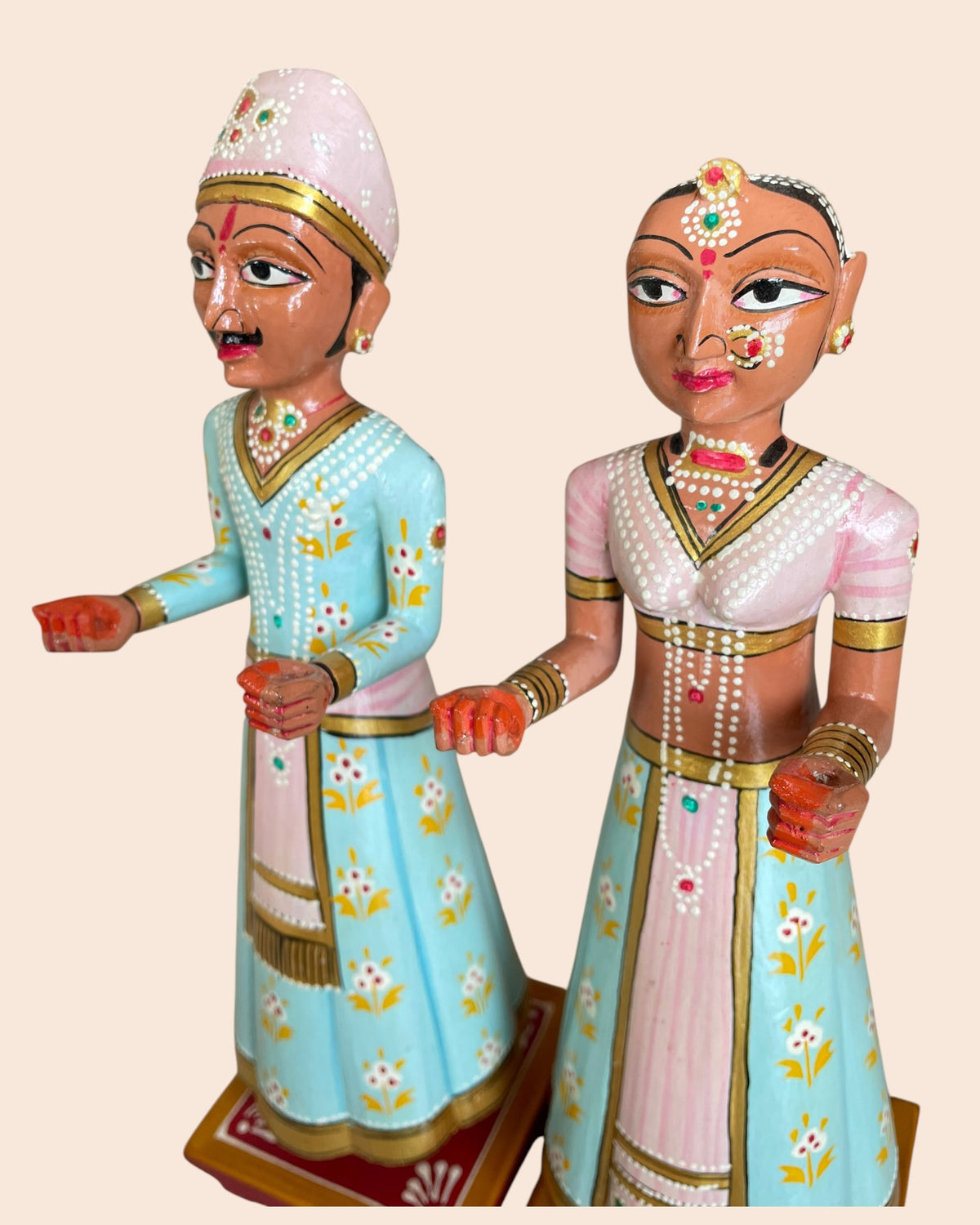 royal pastel isar & gangaur hand-painted wooden figurines – set of 2