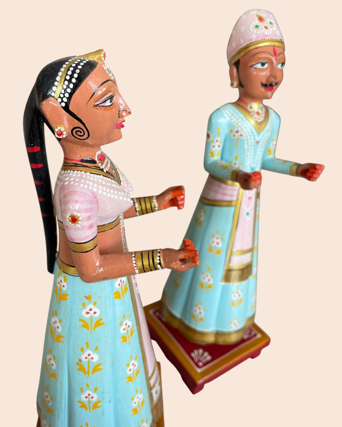 royal pastel isar & gangaur hand-painted wooden figurines – set of 2