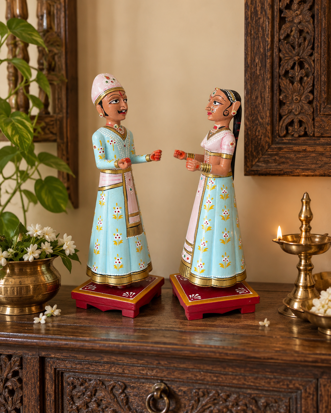 royal pastel isar & gangaur hand-painted wooden figurines – set of 2