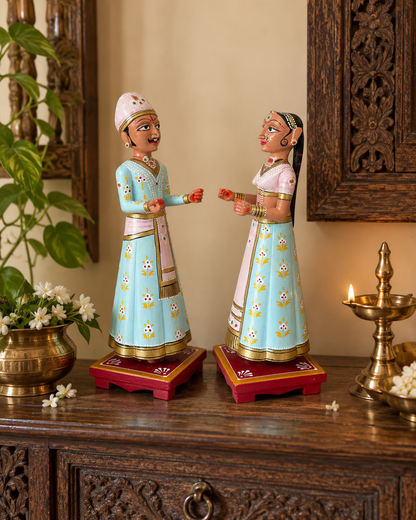Royal Pastel Isar & Gangaur Hand-Painted Wooden Figurines – Set of 2