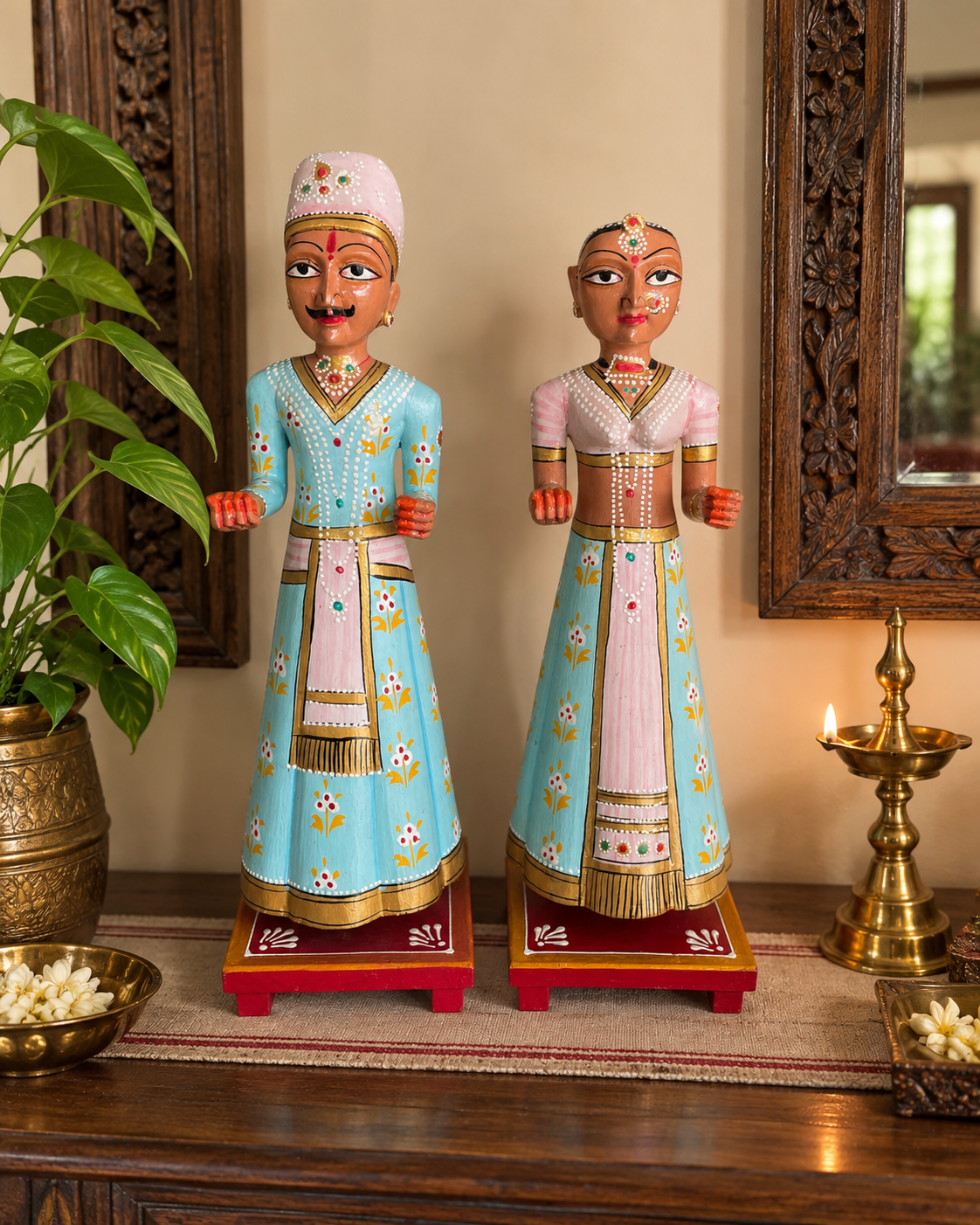 royal pastel isar & gangaur hand-painted wooden figurines – set of 2