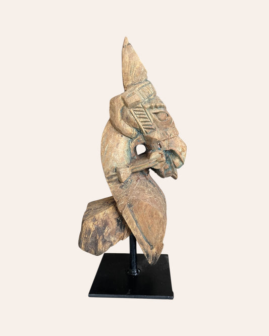 Hand-Carved Wooden Horse Bracket on Iron Stand