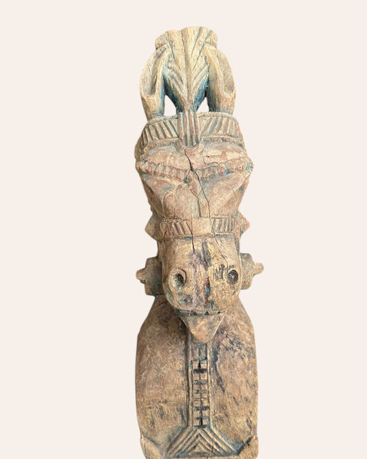 Hand-Carved Wooden Horse Bracket on Iron Stand