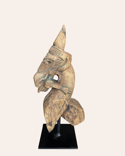 Hand-Carved Wooden Horse Bracket on Iron Stand