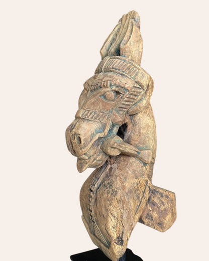 Hand-Carved Wooden Horse Bracket on Iron Stand