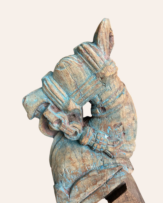 Vintage Distressed Hand-Carved Wooden Horse on Iron Stand
