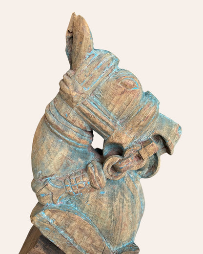 Vintage Distressed Hand-Carved Wooden Horse on Iron Stand