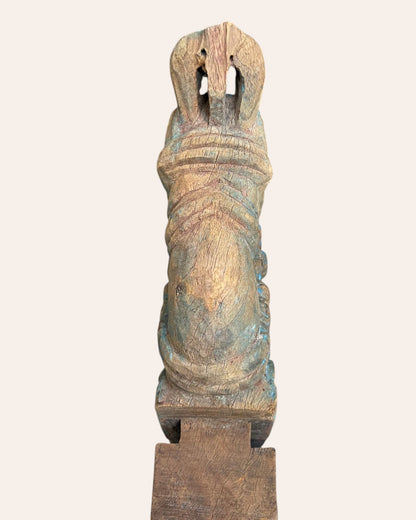 Vintage Distressed Hand-Carved Wooden Horse on Iron Stand