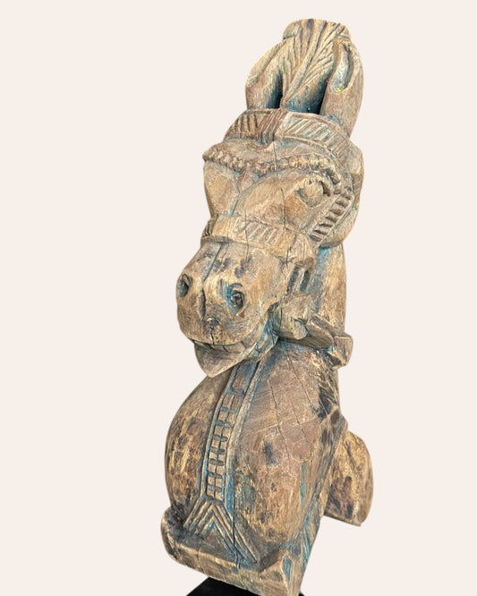 Vintage Distressed Hand-Carved Wooden Horse Bracket on Iron Stand