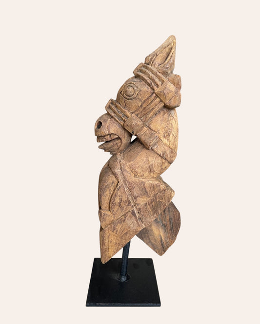 Vintage South Indian Hand-Carved Wooden Horse Head on Iron Stand