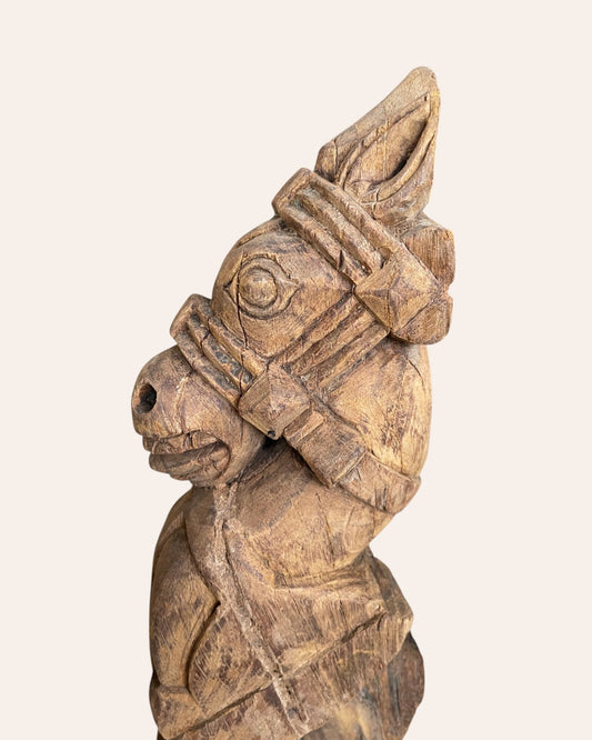 Vintage South Indian Hand-Carved Wooden Horse Head on Iron Stand