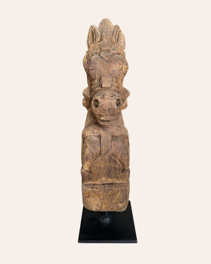 Vintage South Indian Hand-Carved Wooden Horse Head on Iron Stand