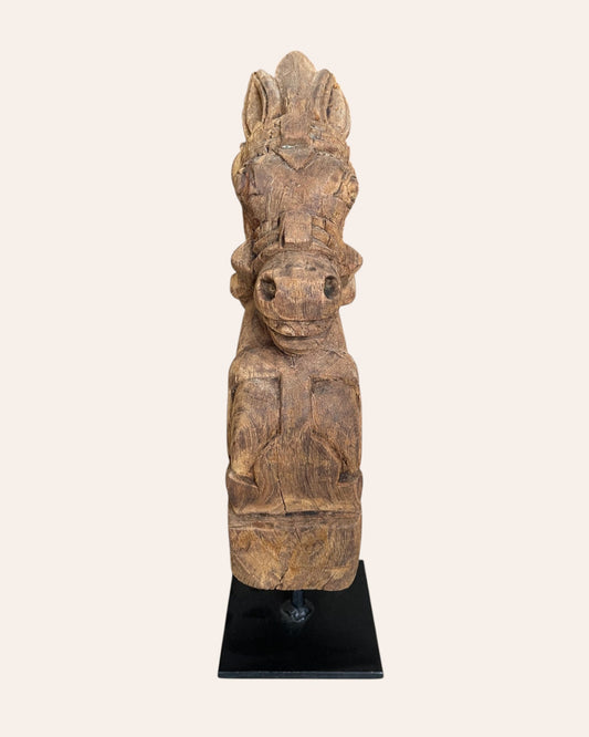 Vintage South Indian Hand-Carved Wooden Horse Head on Iron Stand