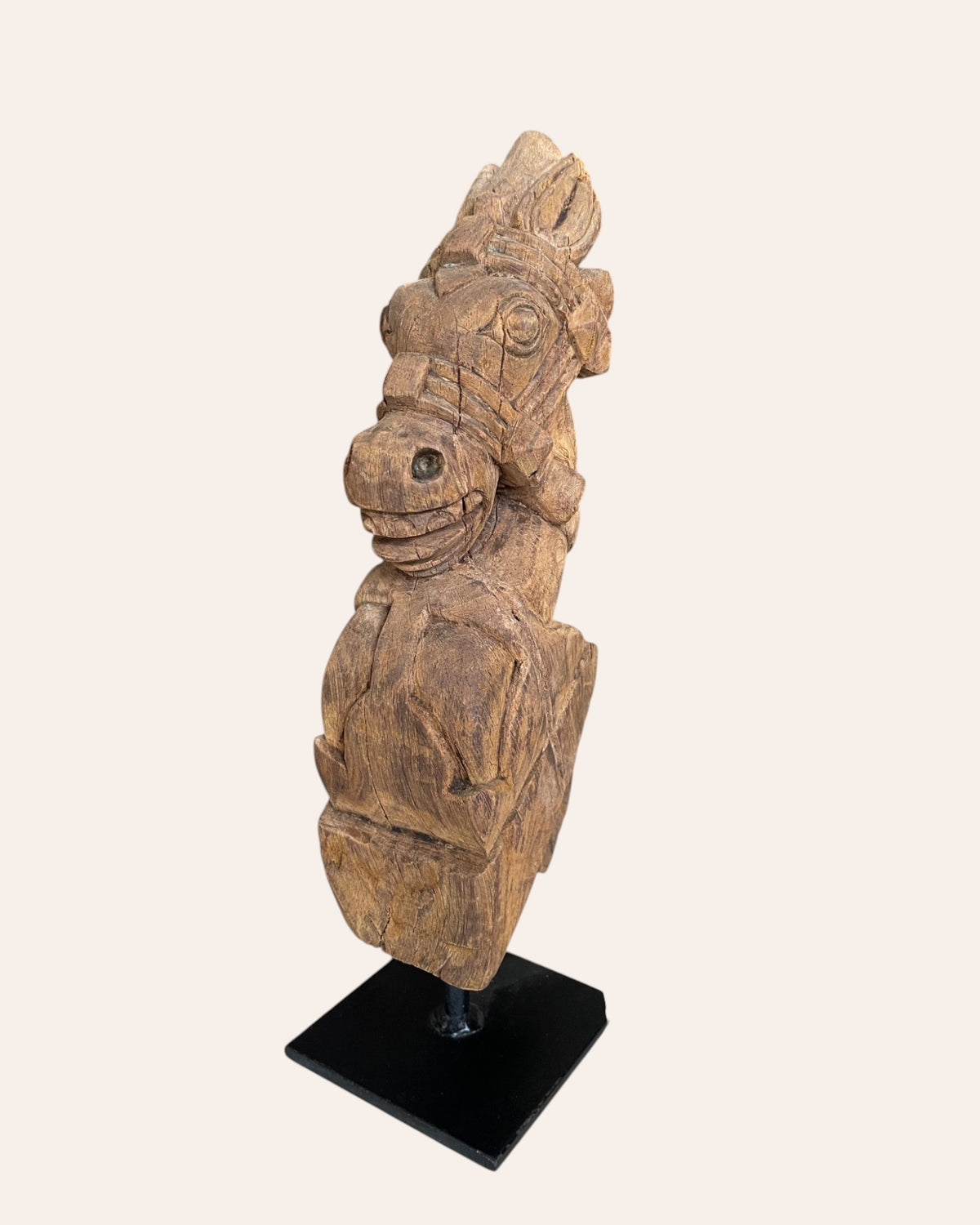 vintage south indian hand-carved wooden horse head on iron stand
