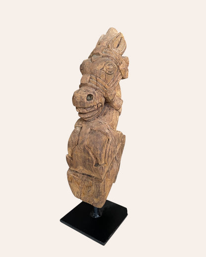 Vintage South Indian Hand-Carved Wooden Horse Head on Iron Stand