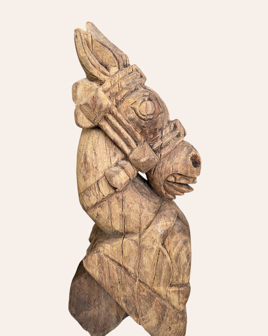 Vintage South Indian Hand-Carved Wooden Horse Head on Iron Stand