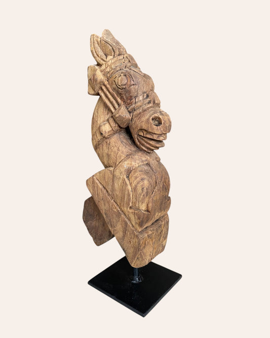 Vintage South Indian Hand-Carved Wooden Horse Head on Iron Stand