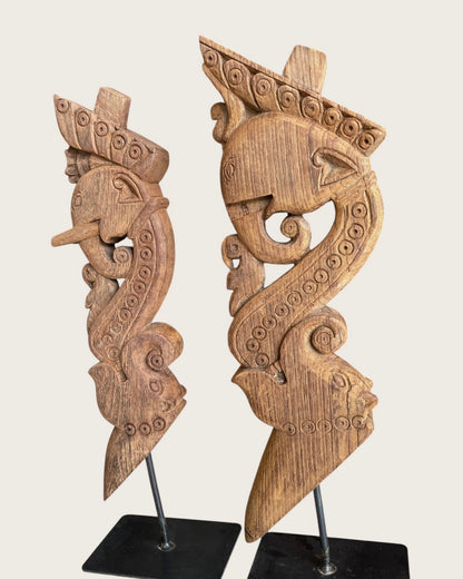 Vintage Hand-Carved Elephant Yali Brackets on Iron Stand – Set of 2