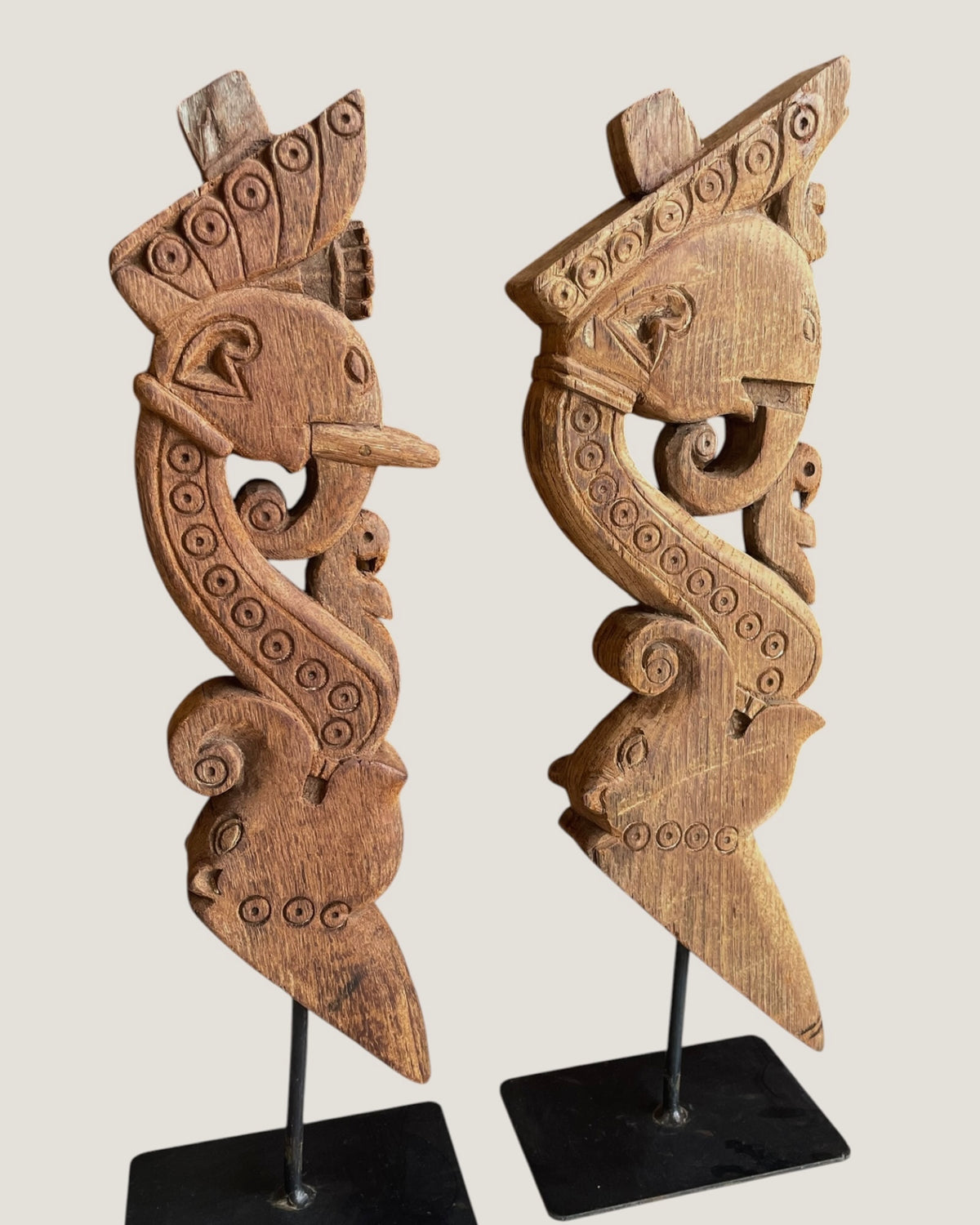 vintage hand-carved elephant yali brackets on iron stand – set of 2