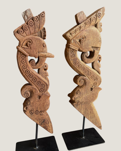 Vintage Hand-Carved Elephant Yali Brackets on Iron Stand – Set of 2