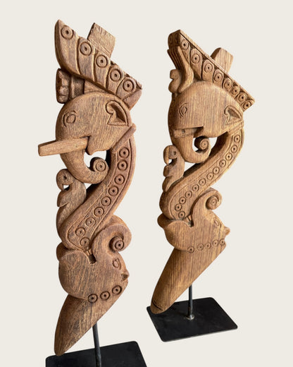 Vintage Hand-Carved Elephant Yali Brackets on Iron Stand – Set of 2