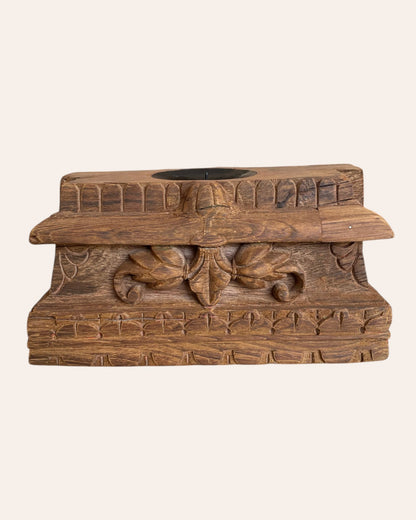 Vintage Floral Carved Teak Wood Candle Holder