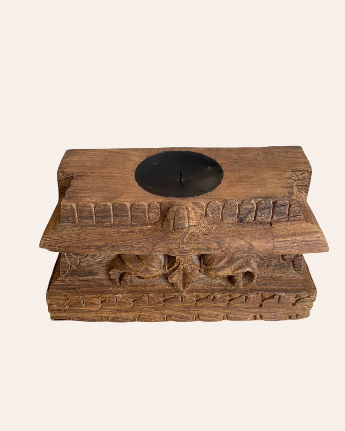 vintage floral carved teak wood candle holder
