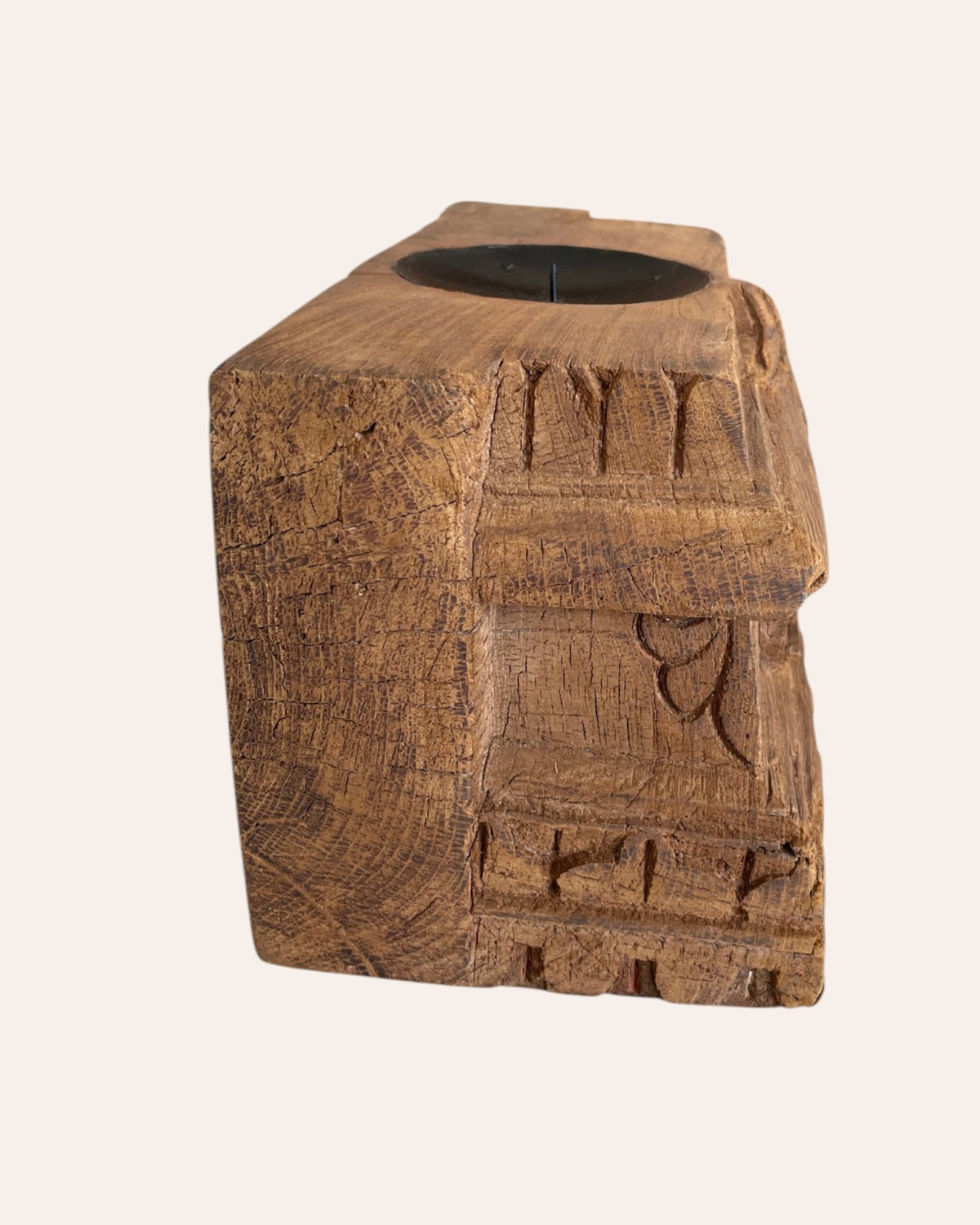 vintage floral carved teak wood candle holder
