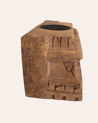 Vintage Floral Carved Teak Wood Candle Holder