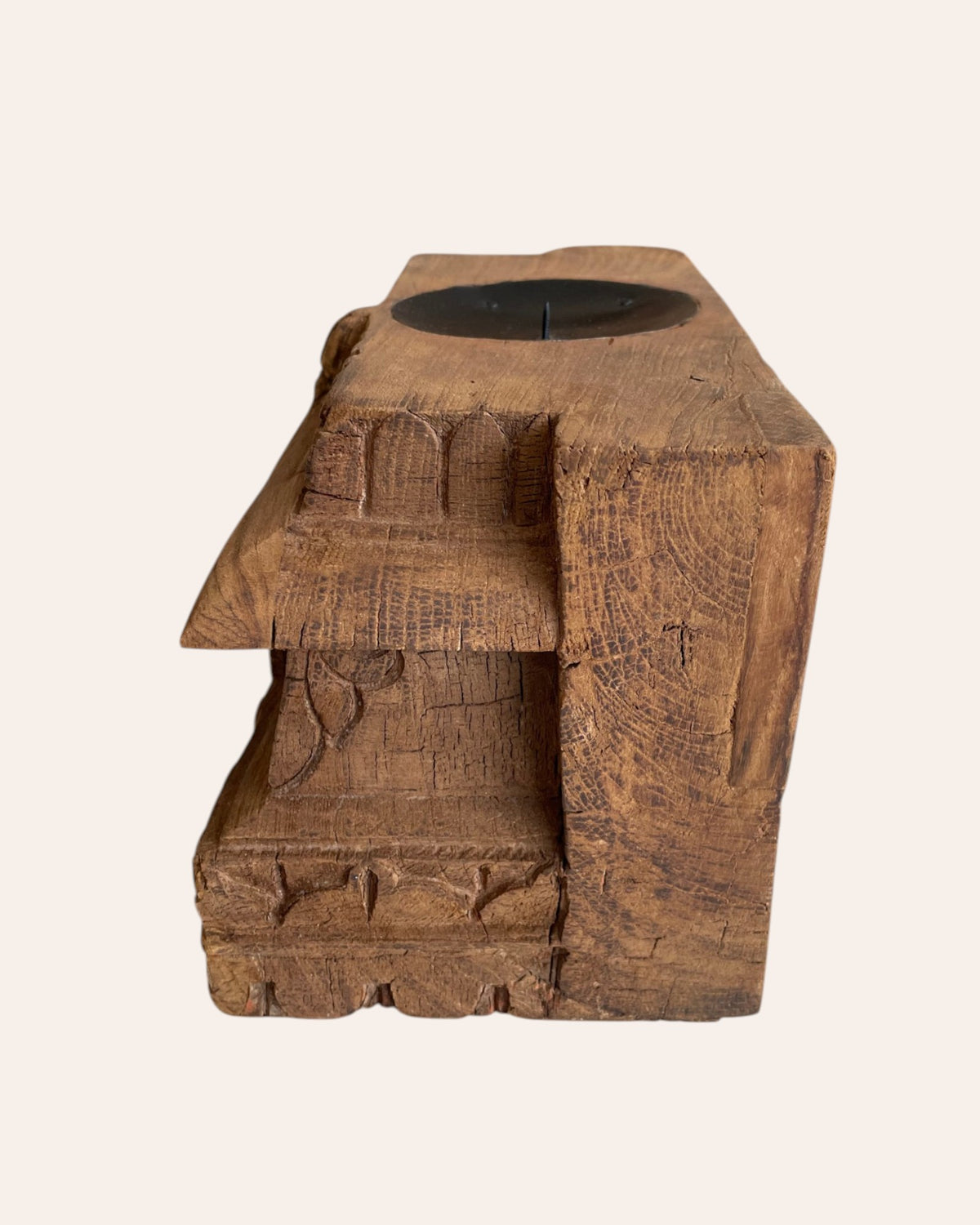 vintage floral carved teak wood candle holder