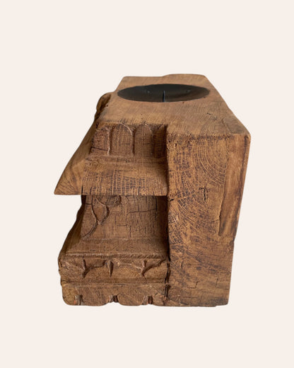 Vintage Floral Carved Teak Wood Candle Holder